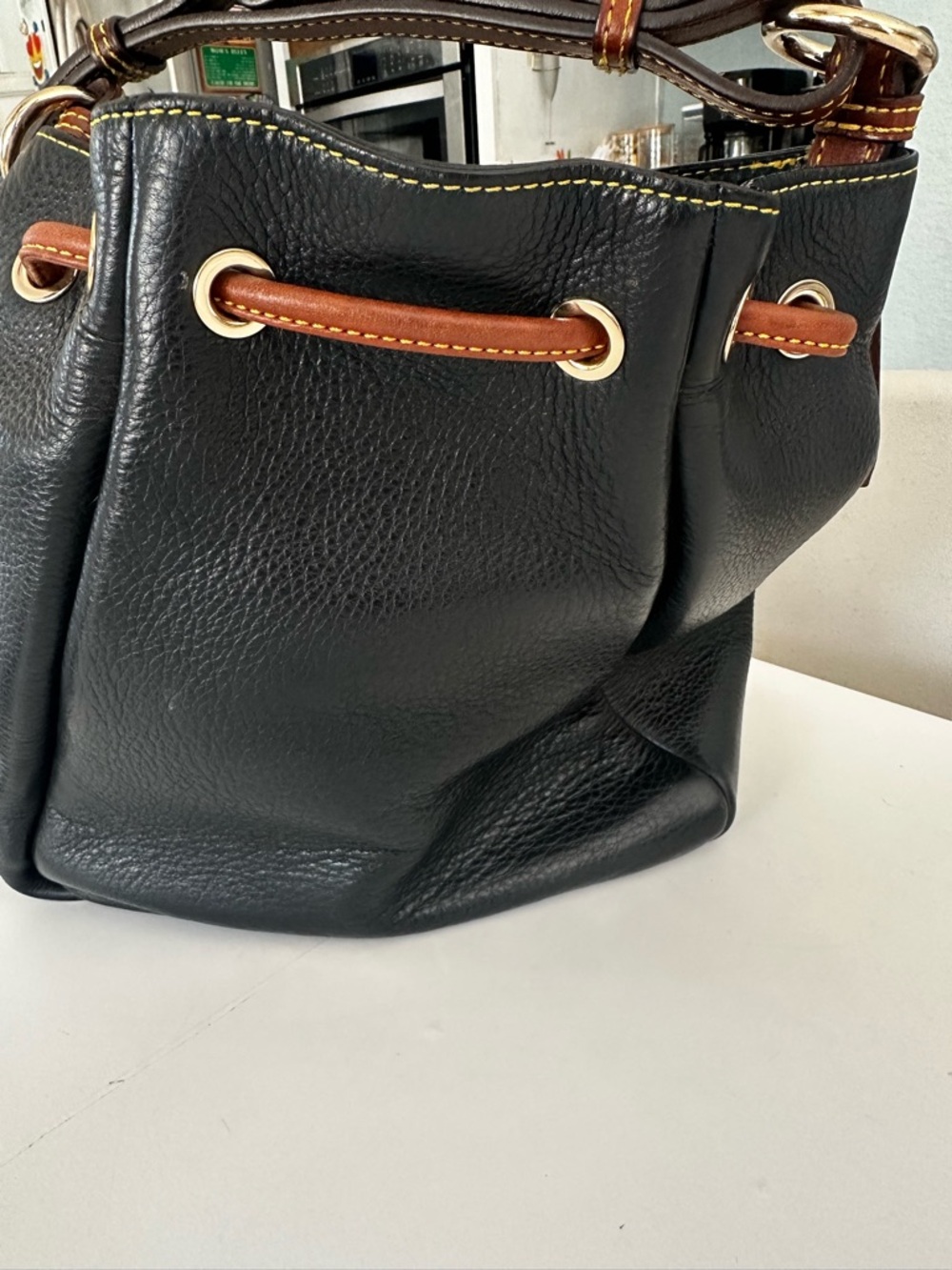 Dooney & Bourke Black Leather Drawstring Bucket Bag with Brown Trim - Picture 6 of 9